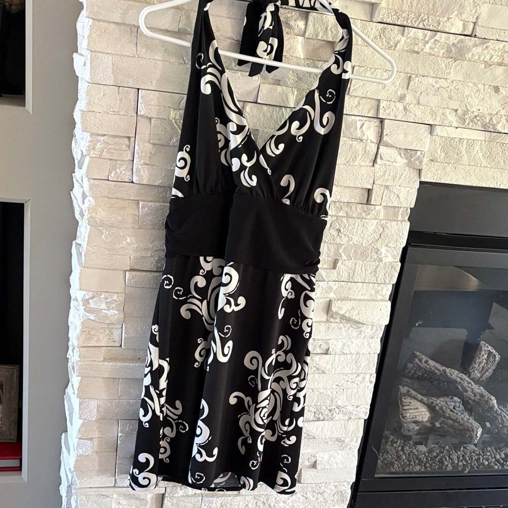 White House Black Market Black and White Backless Halter Dress
